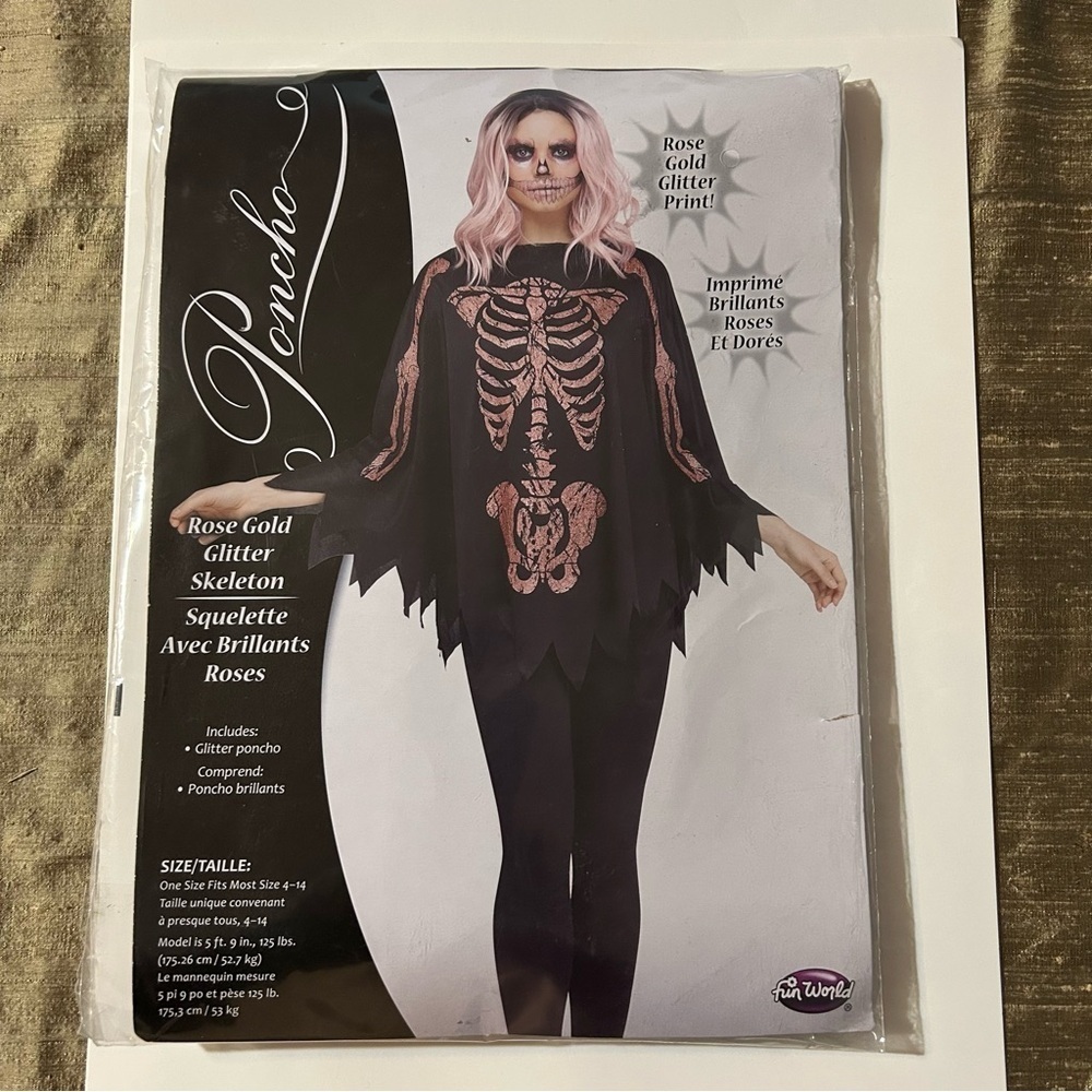 Fun World Women's Poncho "Rose Gold/Glitter Skeleton" Costume One Size 4-14 NEW - Picture 2 of 6